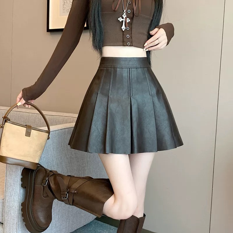 【6871】标#时尚百搭高腰皮百褶裙