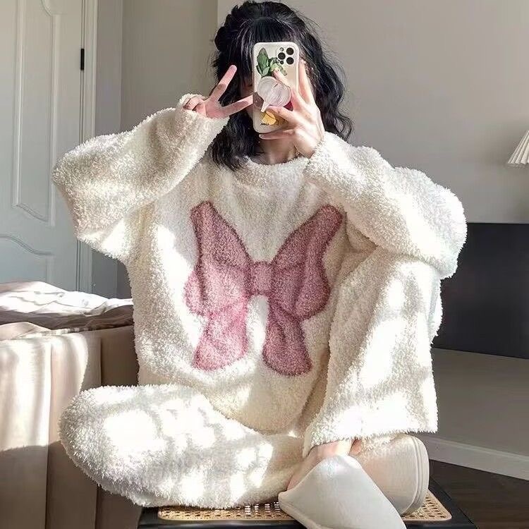 ins卡通可爱半边绒睡衣女秋冬季加绒冬天爆款学生宿舍家居服套装