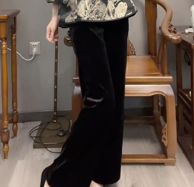 丝绒阔腿裤显瘦网红休闲中式