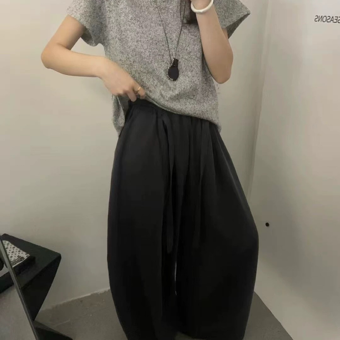 韩式简约松紧腰抽绳宽松休闲裤女2025秋气质显瘦通勤直筒阔腿长裤