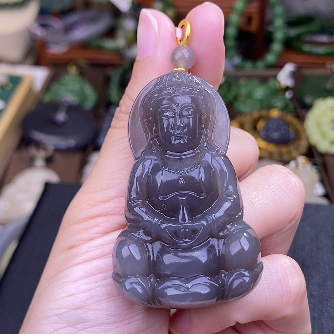 和田玉烟紫老料吊坠18.K金观音清货价未镶嵌