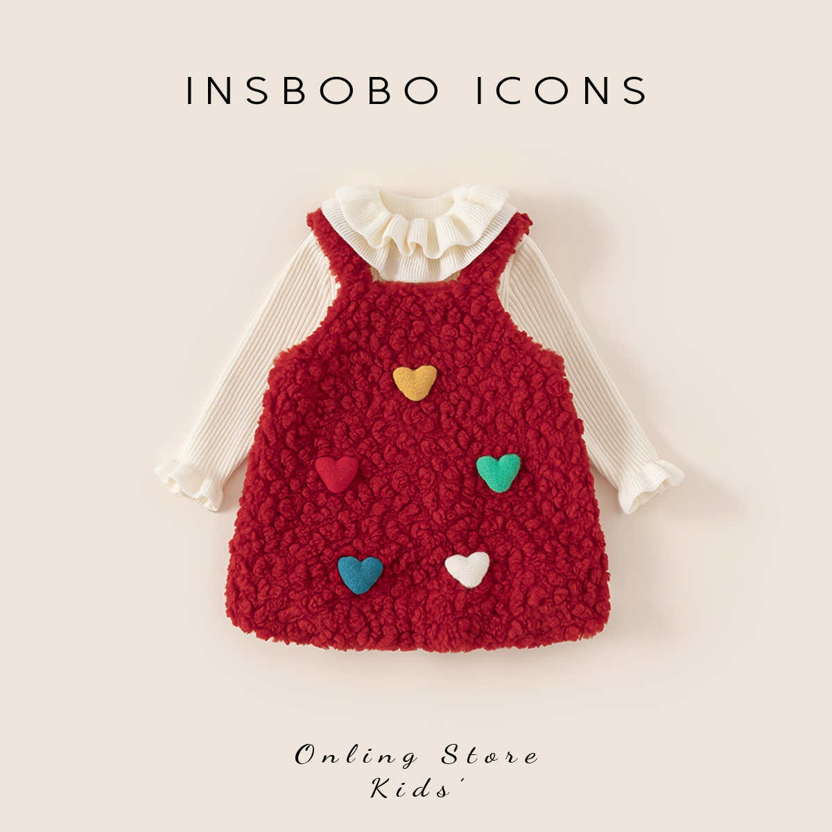 INSbobo女童冬季套装加厚保暖花边领毛衣打底衫背带连衣裙DT25310