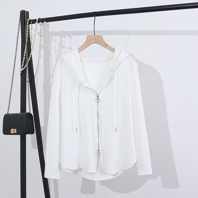 胖mm春装显瘦200斤大码女装减龄时尚藏肉百搭坑条连帽开衫外套女