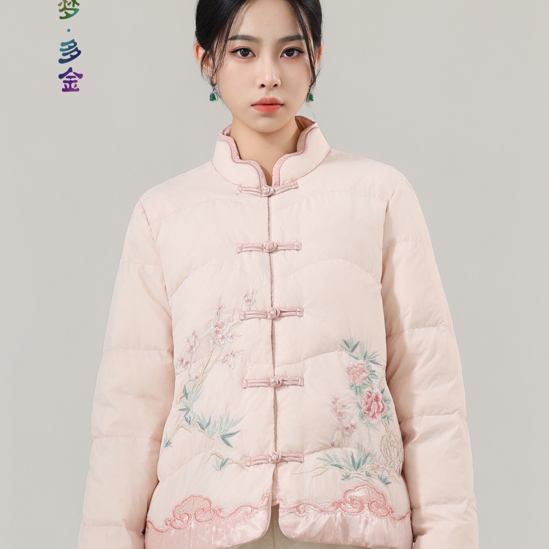 炫织梦多金25年冬季新款重工花朵刺绣祥云缎面下摆羽绒服3113
