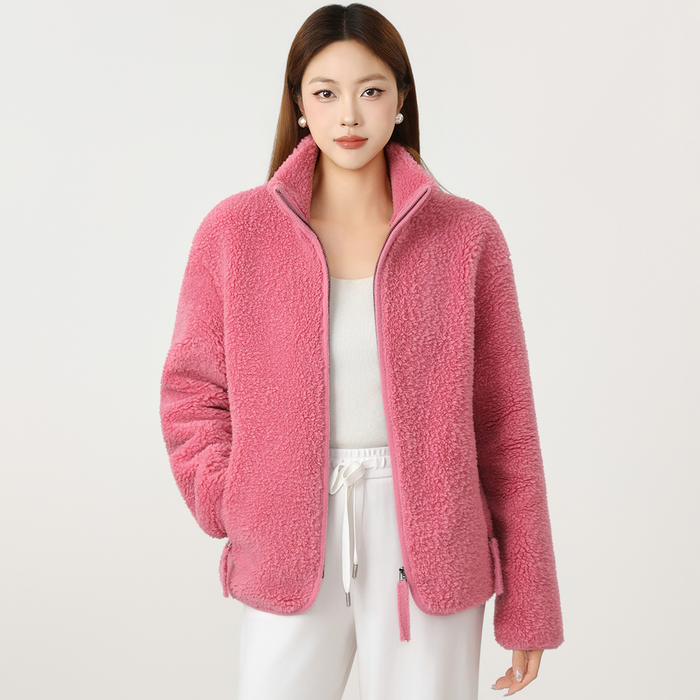 【商场同款】休闲轻奢立领双拉链纯色宽松保暖羊羔毛绒感外套140043