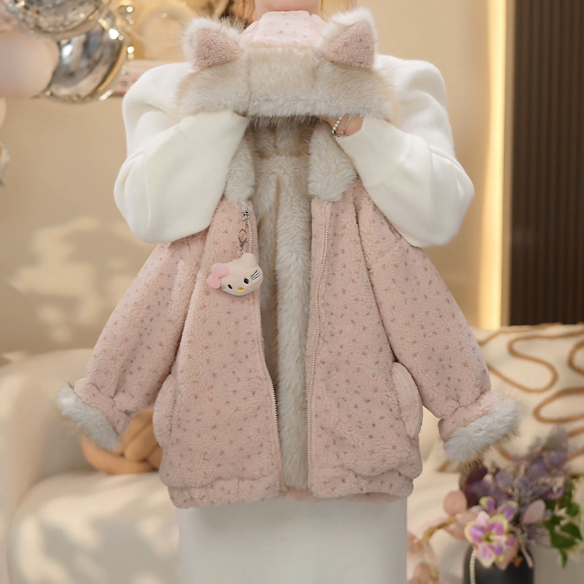 女童2025冬季新款洋气加厚连帽碎花毛毛衣外套YY1030