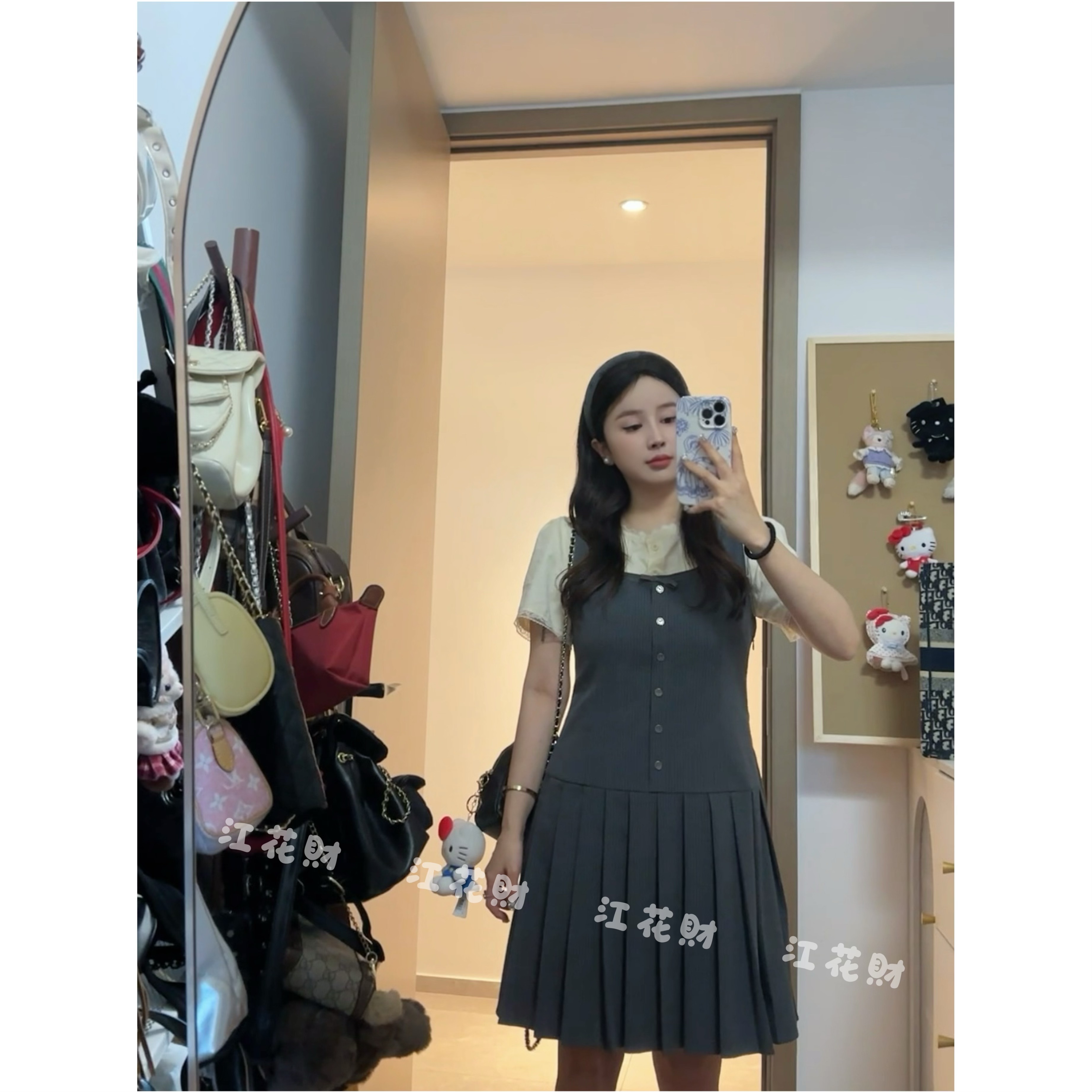 【珍妮穿搭】miu系格雷风灰色显瘦百褶吊带裙+重工绣花短袖衬衫套装