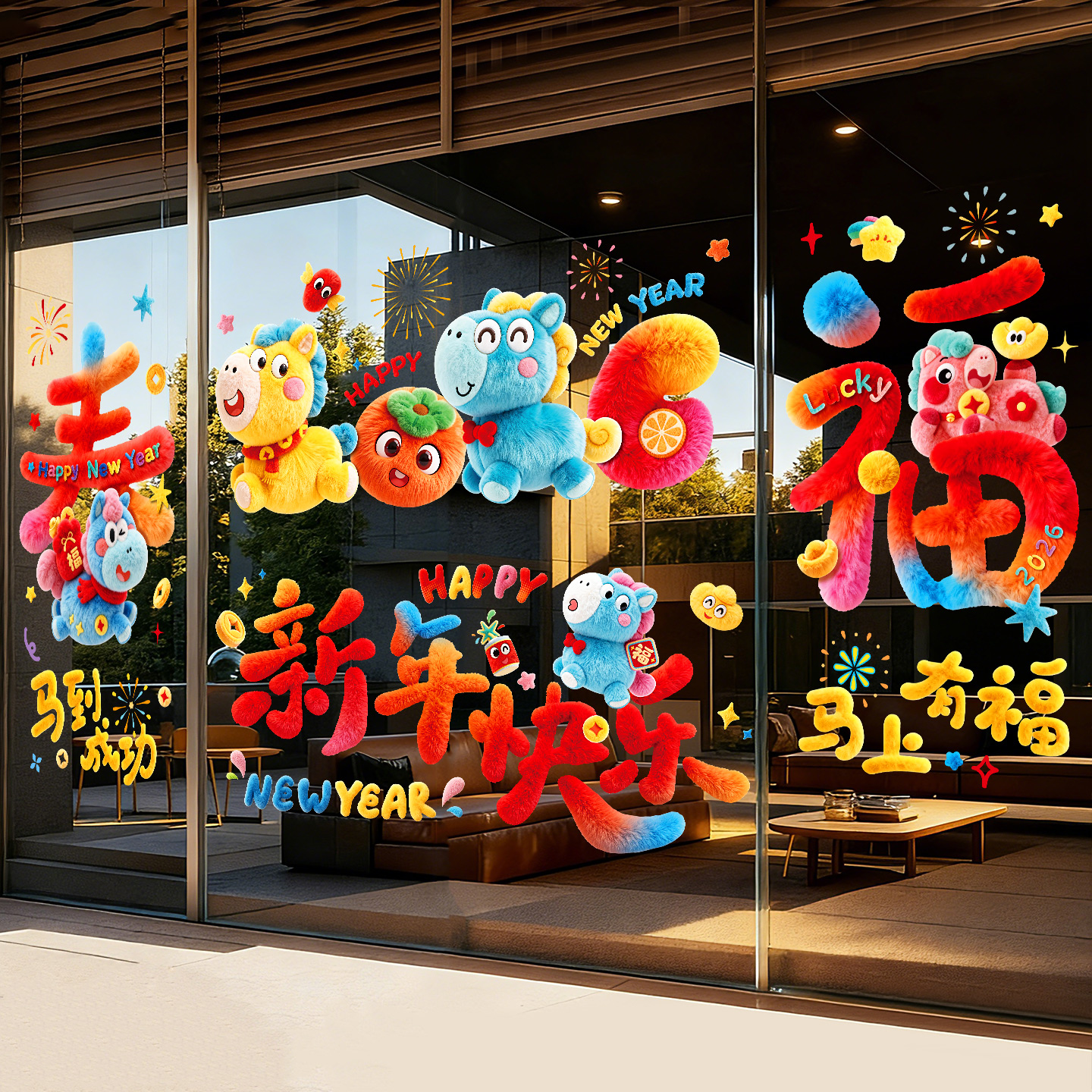 【四张装】2026马年元旦橱窗贴纸春节过年窗花静电贴画新年装饰品