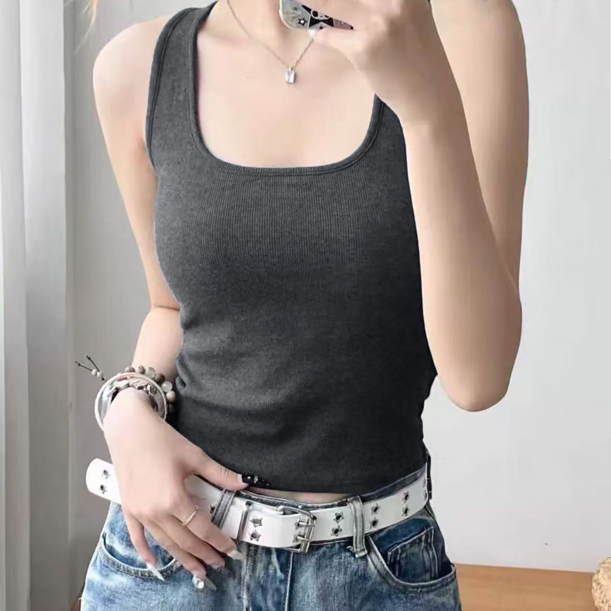 夏季新品！女士圆领螺纹纯色简约吊带背心H304