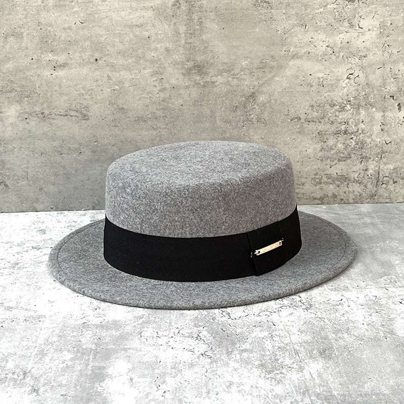 法式秋冬平顶羊毛呢礼帽冬季平沿小沿英伦复古帽子男女士女款百搭