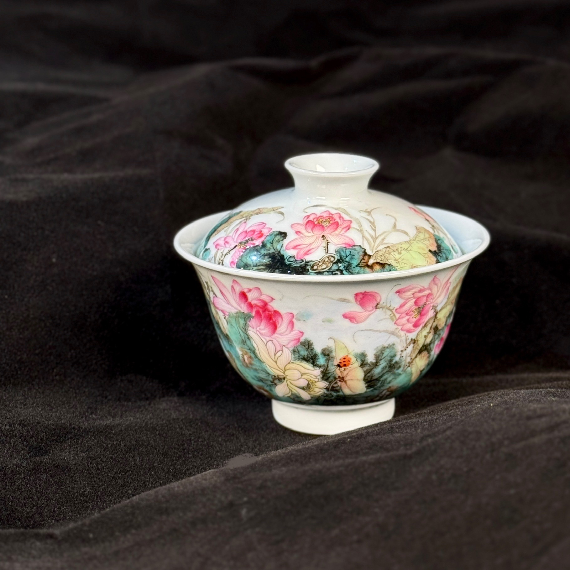 钟新春粉彩荷花盖碗 工笔国画荷花水芙蓉盖碗二才元宝手绘茶器