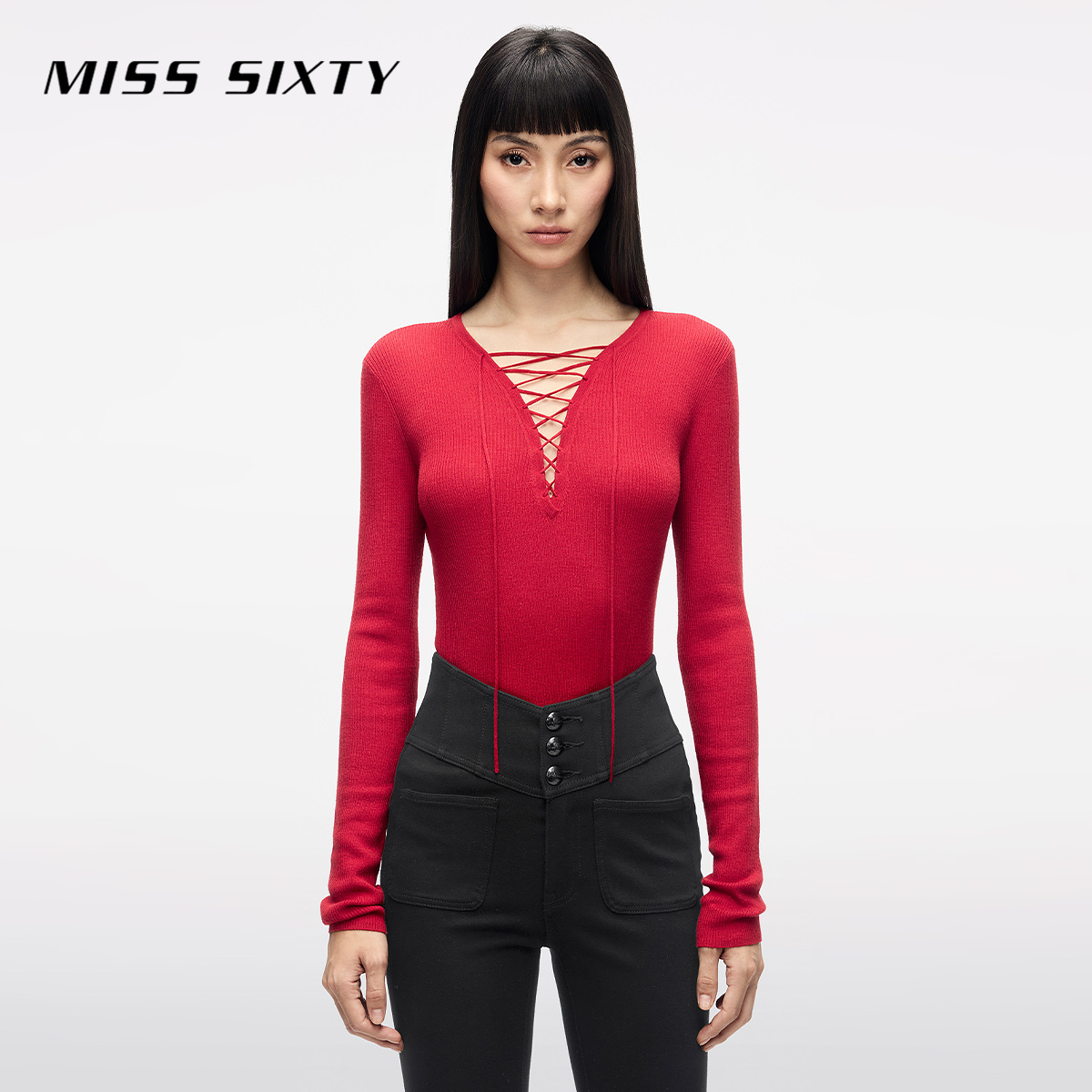 Miss Sixty2025新款春节新年针织V领系带气质紧身百搭