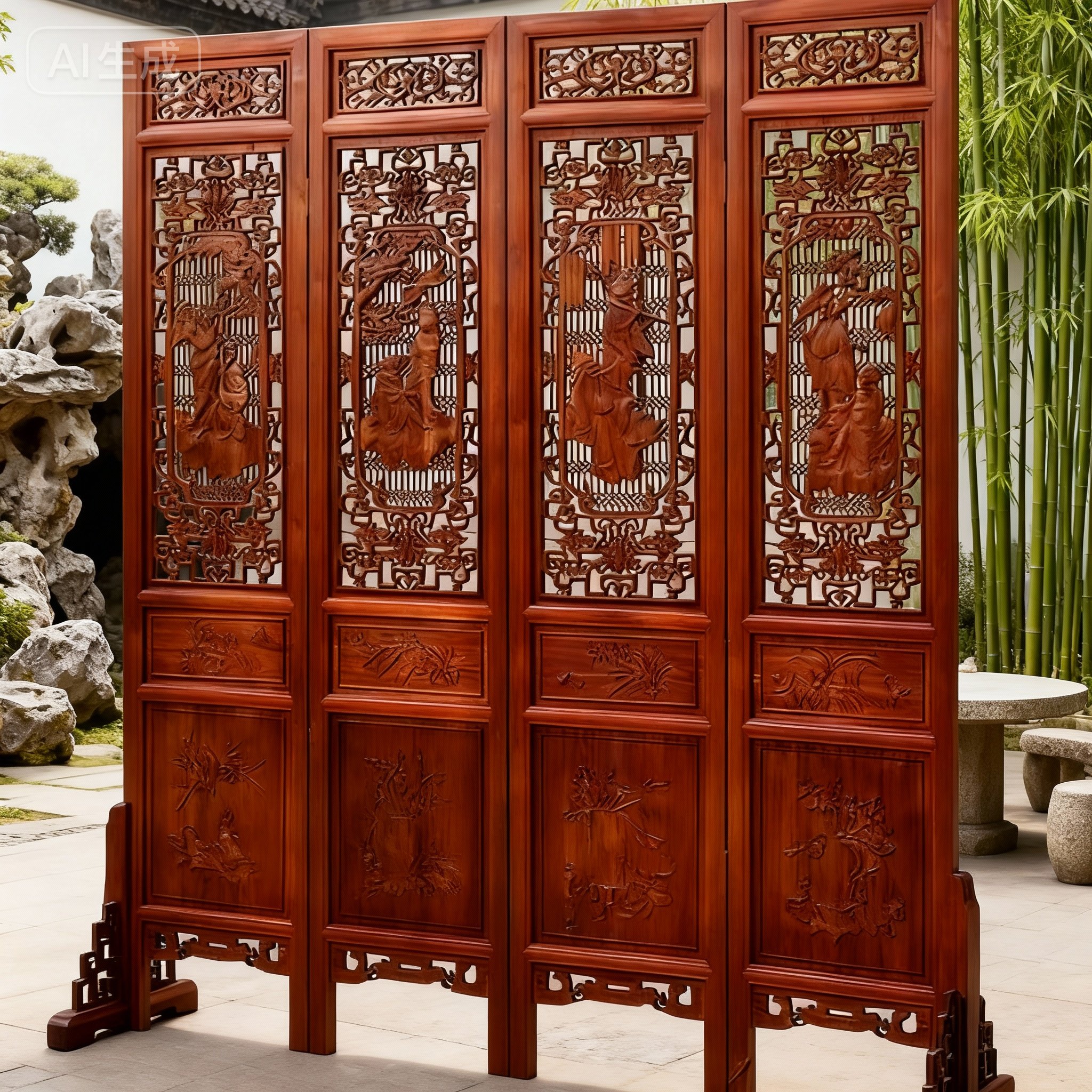 香樟木雕花八仙过海屏风折屏四件套边框松木上漆成品长180高208