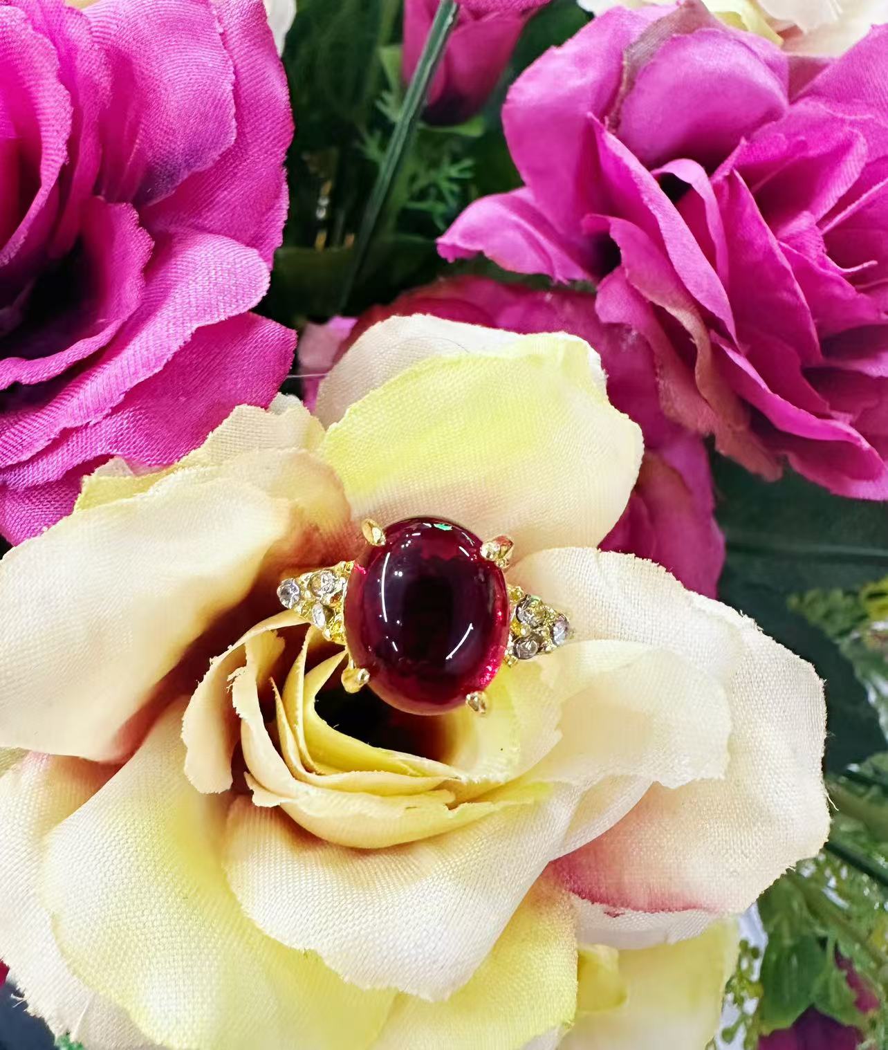 【聪聪珠宝】20685-石榴石蛋面三叶戒指-活口