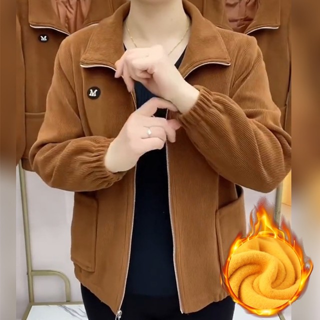2025新款灯芯绒外套妈妈秋装加厚夹克中老年人春秋长袖大码上衣服