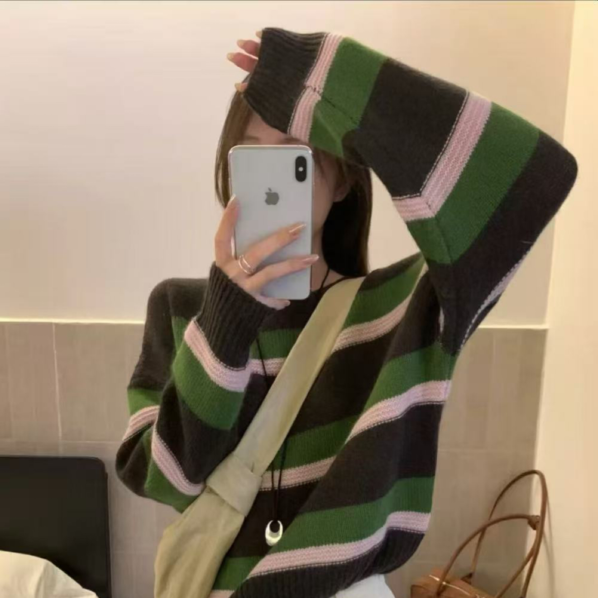 WTt-6688秋季新款条纹针织衫毛衣直筒型百搭上衣套头圆领时尚