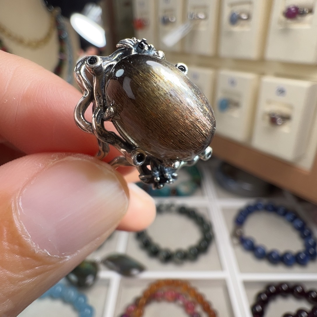 ^***^银S925镶嵌水晶戒指天然黑金骨干水晶