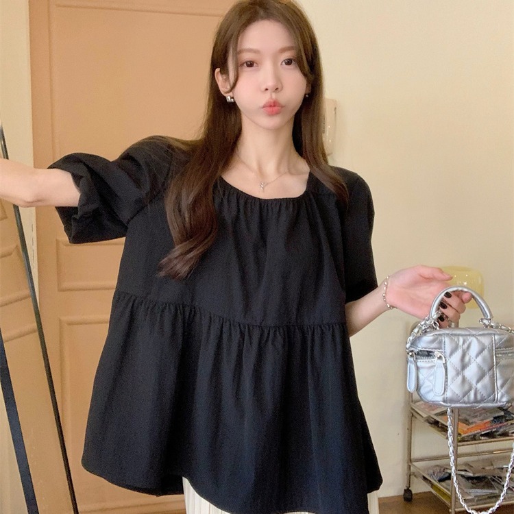 胖mm法式甜美方领衬衫夏季独特别致显瘦泡泡袖上衣-QGQY66036
