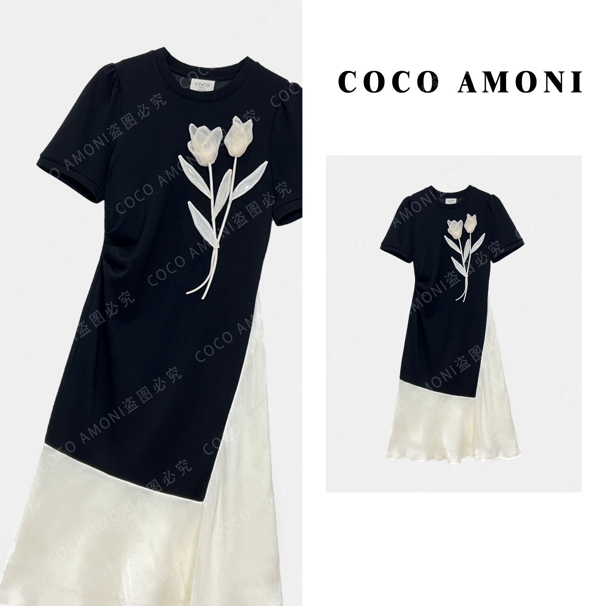 [曼姐]潮流简约立体花朵不规则下摆时尚百搭连衣裙ZP283