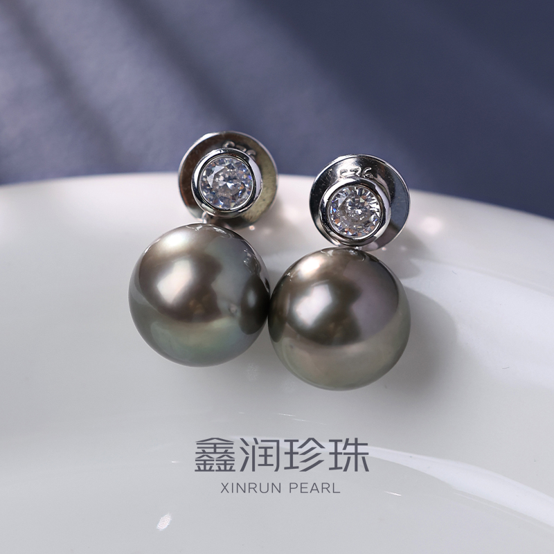 大溪地海水黑珍珠耳环11-12mm铂金灰耳钉925银耳饰*多样性发一对