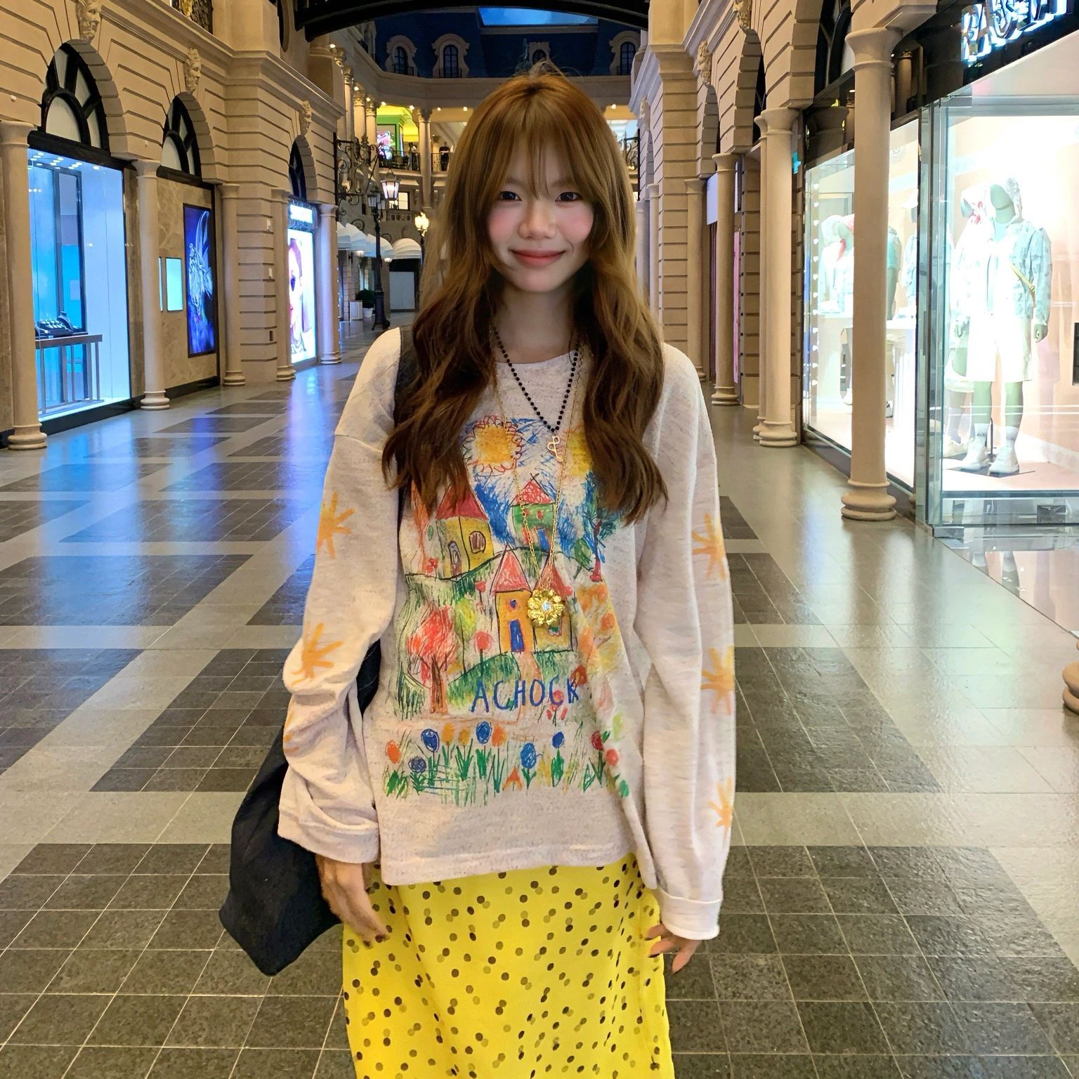 潮牌美式复古手绘涂鸦微透长袖t恤女宽松学院风休闲防晒罩衫上衣