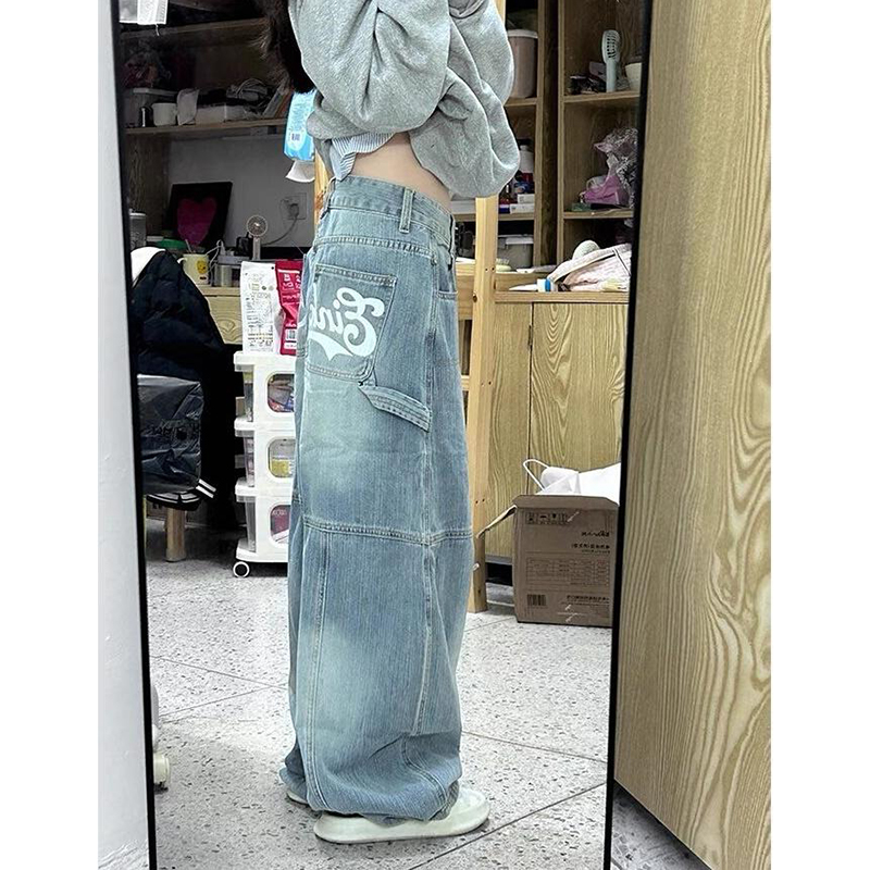 美式高街涂鸦印花直筒牛仔裤女秋季新款水洗宽松百搭高腰拖地长裤