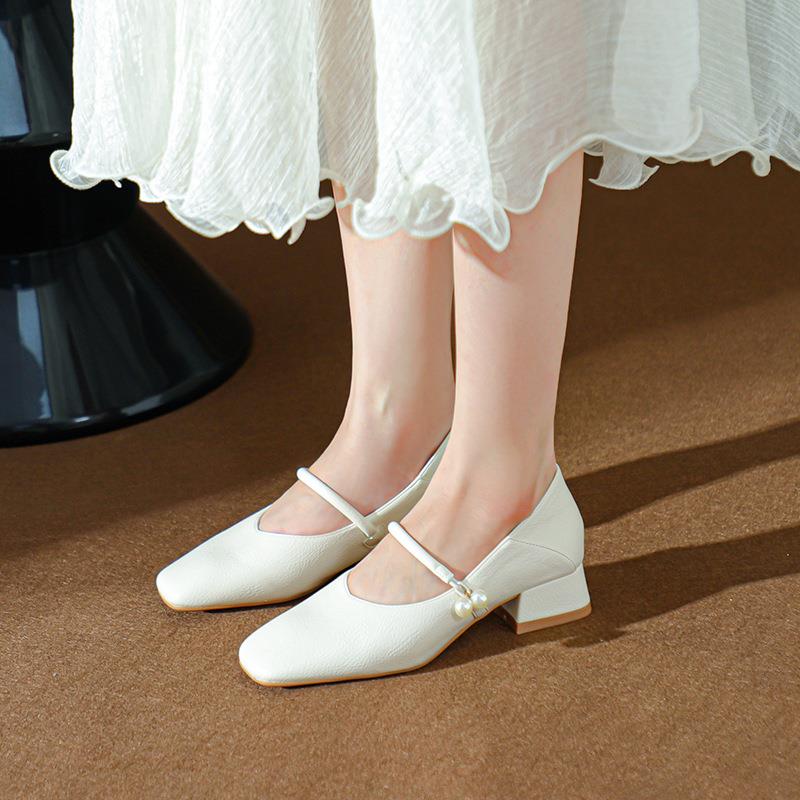 超软！！法式低跟方头裸色玛丽珍鞋旗袍单鞋工作皮鞋通勤女鞋