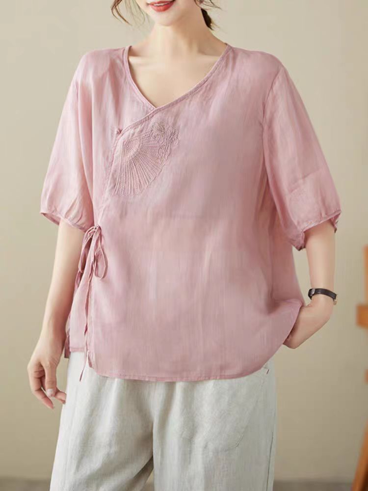 【现货+退换包邮】文艺复古夏季斜襟刺绣系带小衫薄款棉麻上衣341
