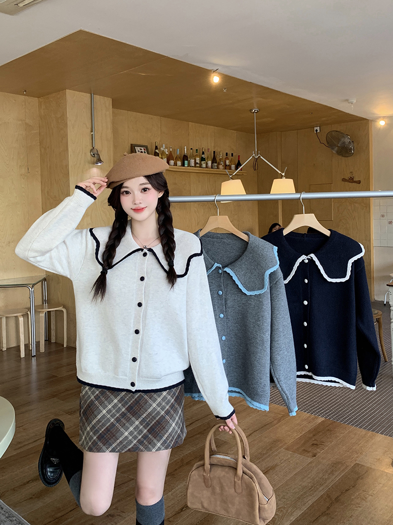 【涵胖胖】2025秋装新款女甜美减龄撞色娃娃领针织长袖上衣36251【B】