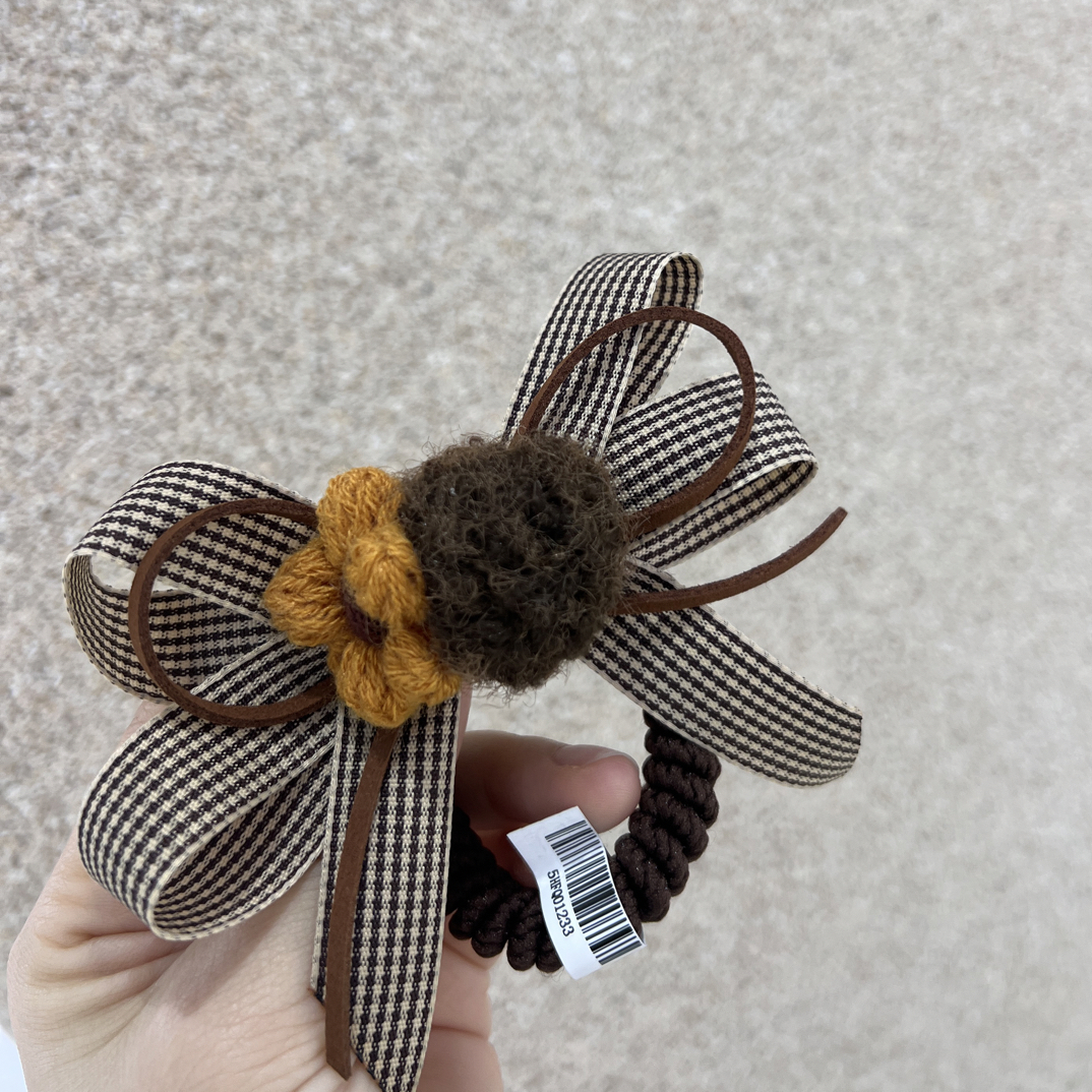 韩国毛线小花格子发圈气质韩版百搭时尚