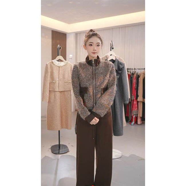 L693 冬季新款棕色拼接小香风外套+宽松阔腿裤两件套时尚气质