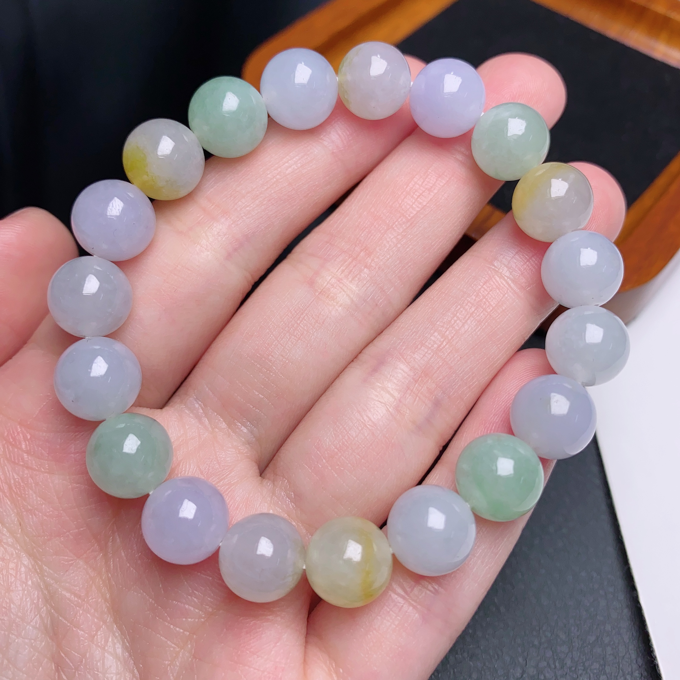 缅甸天然a货翡翠冰种多宝马卡龙圆珠手链卡10mm彩色糖果色