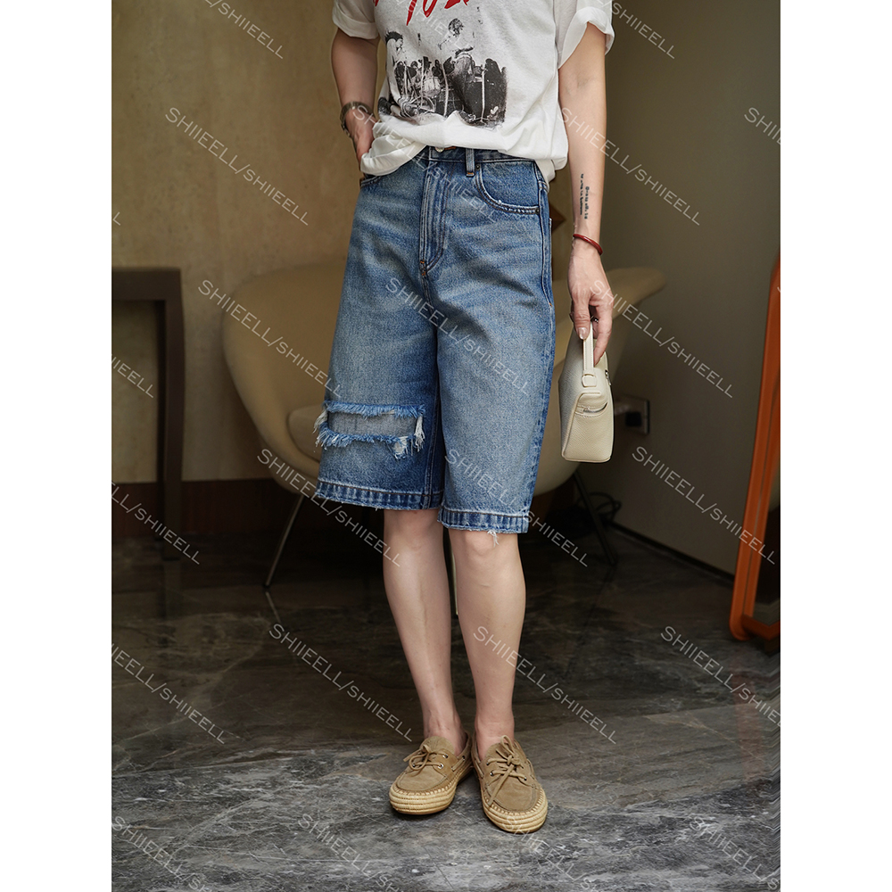 SHIIEELL复古蓝洗水做旧破洞宽松五分牛仔裤老钱松弛感女装Z8001