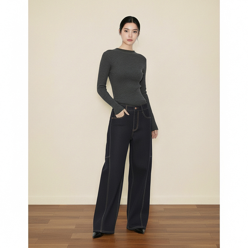 Angura Lee秋冬加厚德绒原牛色微弹弯刀裤垂感显瘦高腰阔腿牛仔裤