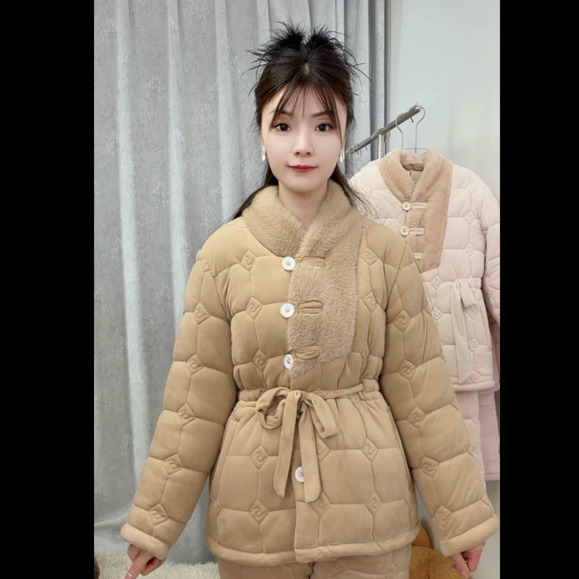 8209冬季加厚加绒保暖睡衣套装时尚洋气家居服套装秋冬