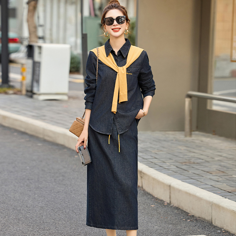 2.21早预告款春季款休闲牛仔衬衫上衣半身裙两件套装 NN-CPYY8115