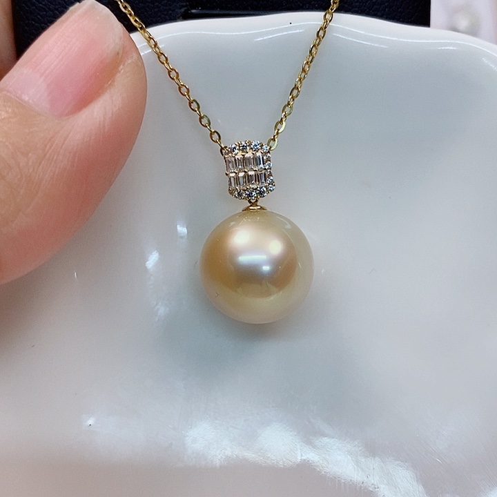 海水珍珠吊坠(不含链)18K金镶嵌南洋金珠吊坠13-14mm