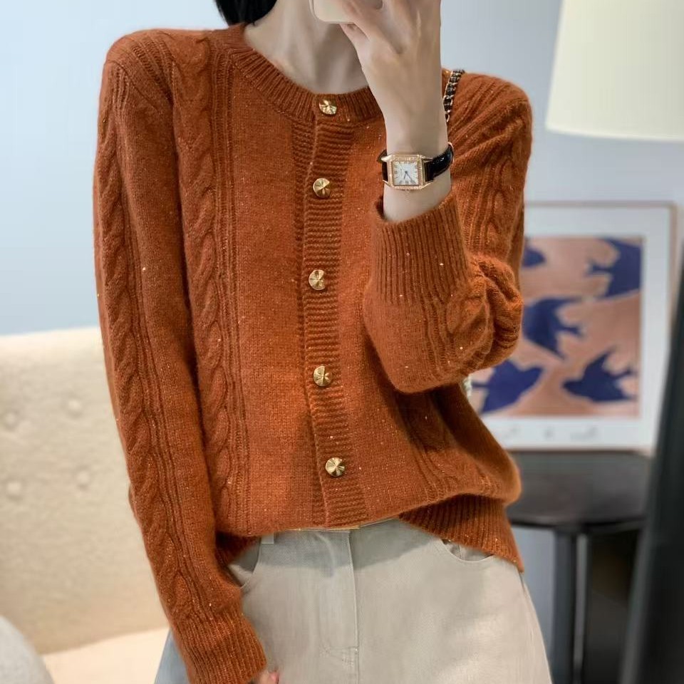 女款秋冬新款圆领绞花开衫宽松羊绒加厚百搭珠片纱8071针织衫