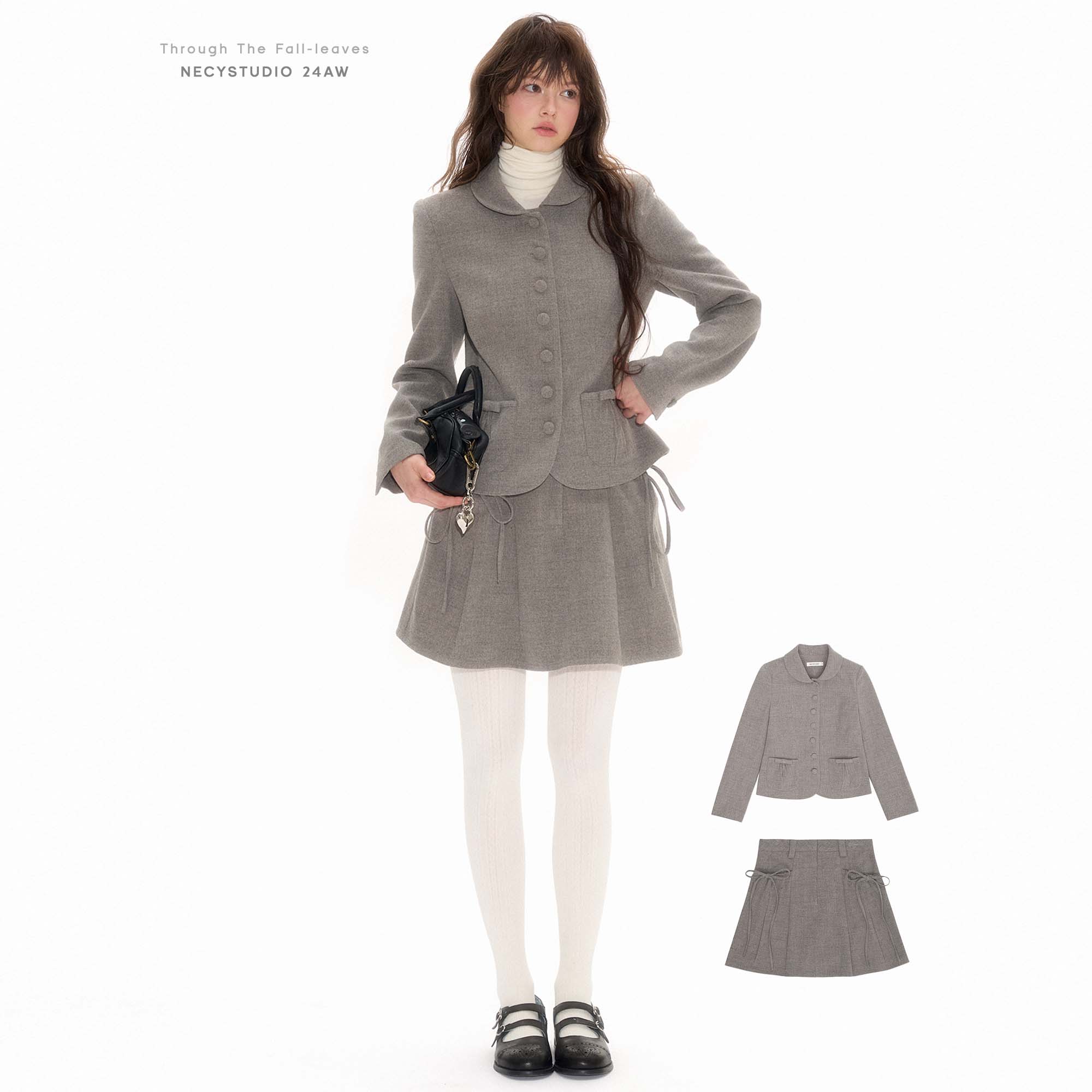 NECY【安妮日记】学院风蝴蝶结西装套 秋冬保暖复古可爱风套装女