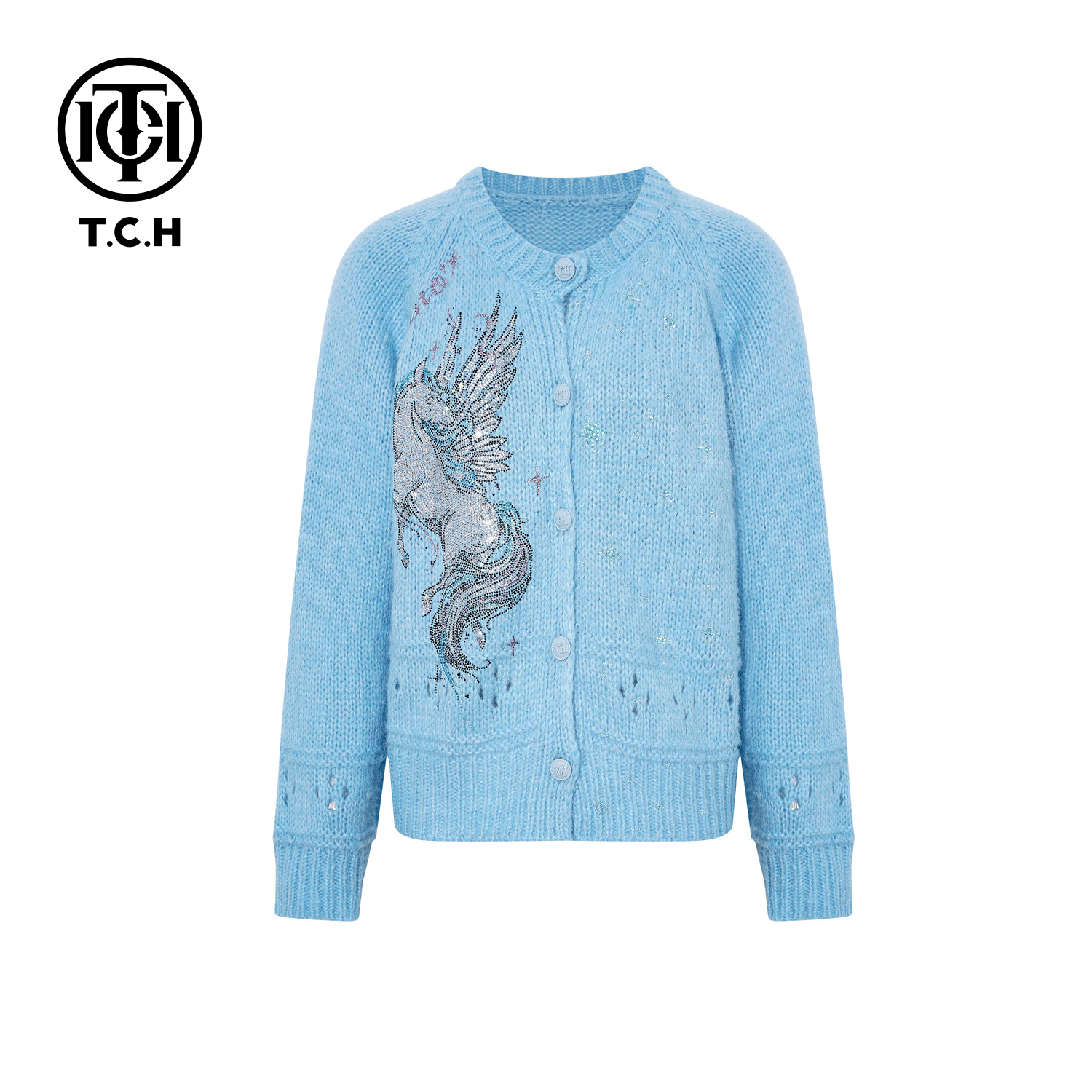 TCH【气质百搭】冬款时尚烫钻蓝色休闲风女装针织开衫T75D43E1072