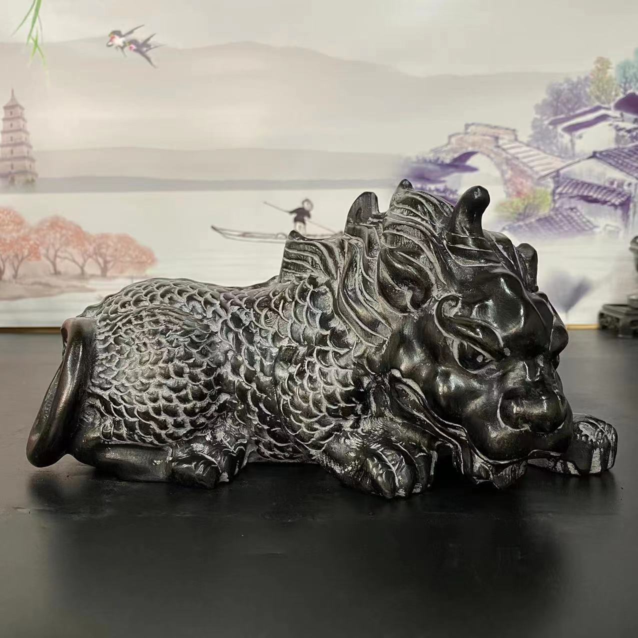 聚鹏阁山西青石【长40厘米】卧姿貔貅桌面摆件