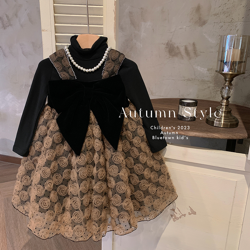 【本妈】秋"卡罗纳舞会"韩版女童立体玫瑰咖色连衣裙23Q024 19'9