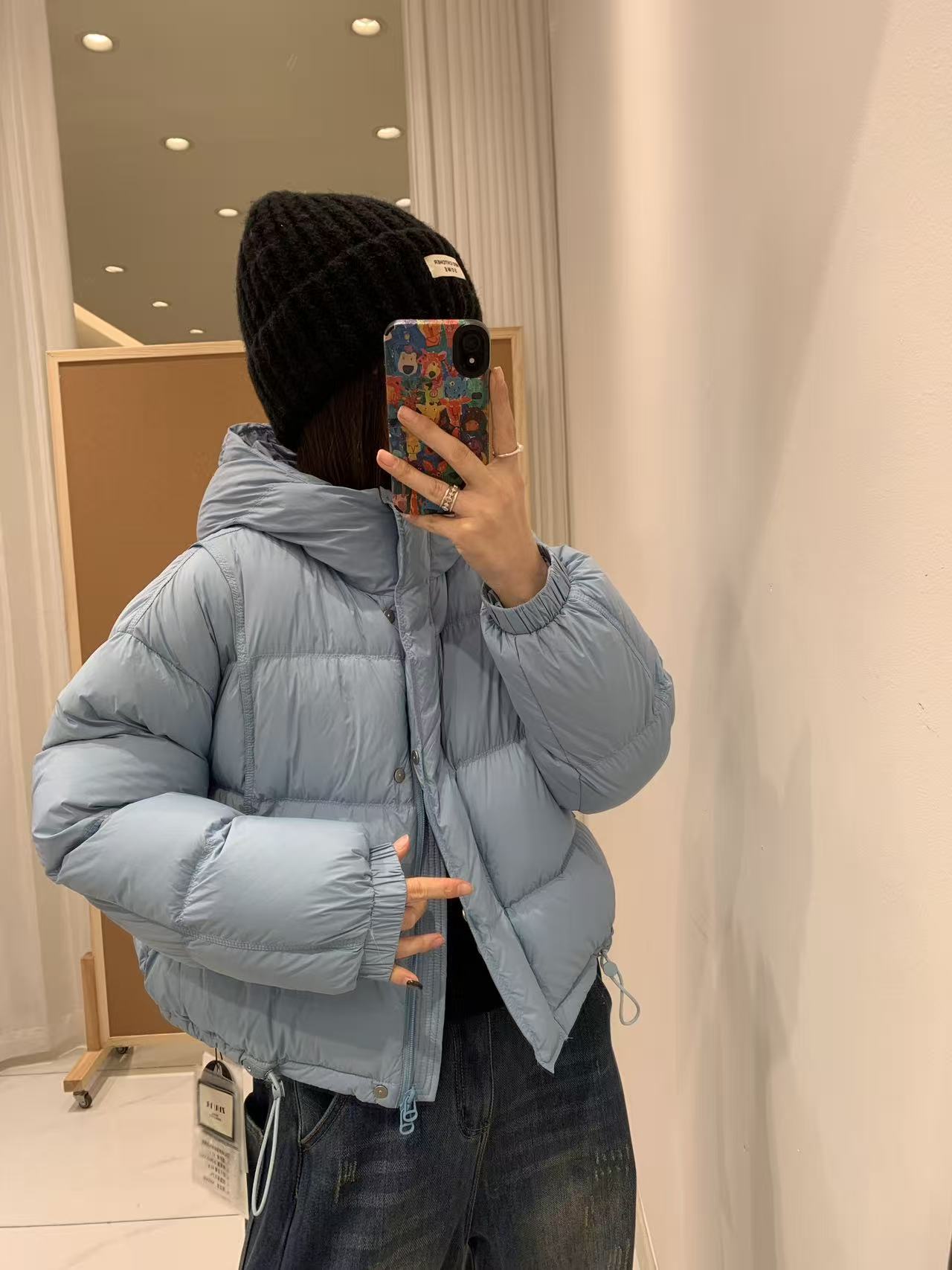 可米 新款短款时尚休闲宽松简约潮流蓝色连帽羽绒服 761（衣长50）