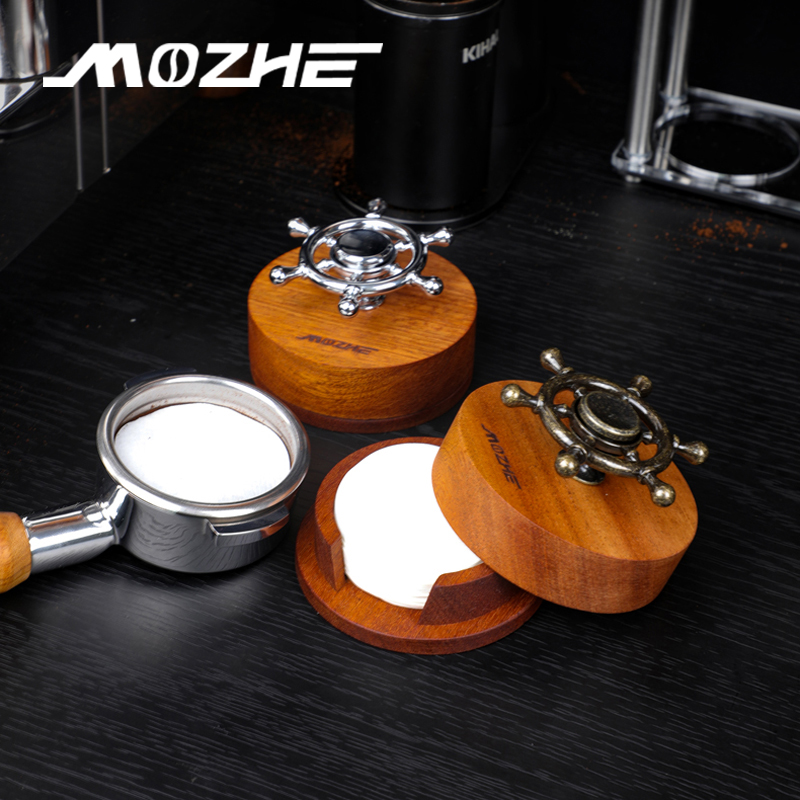 摩者圆形滤纸收纳盒意式咖啡摩卡壶过滤手柄粉碗滤纸实木防尘盒子
