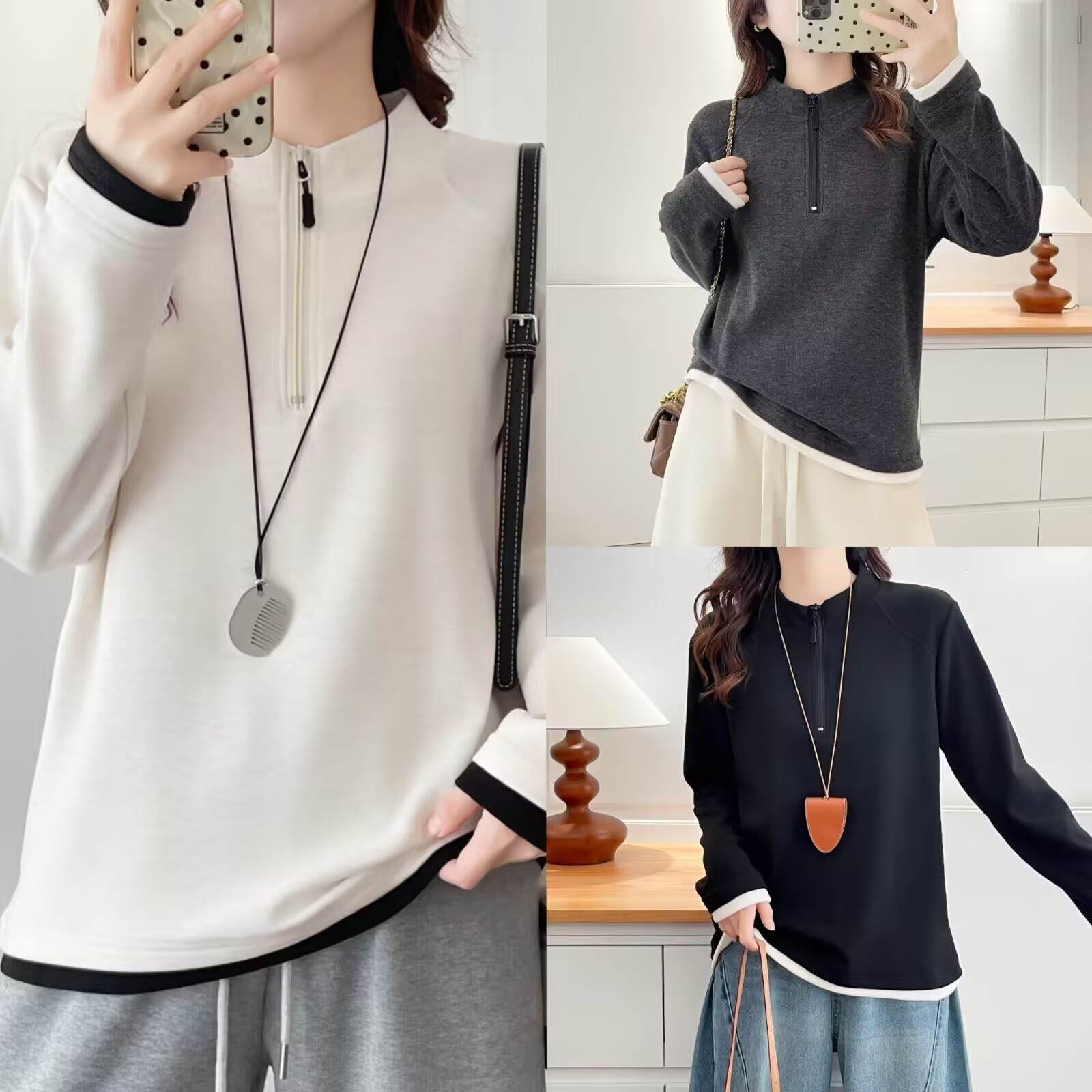 冬季新款加绒磨毛打底衫半拉链时尚宽松洋气百搭长袖打底加厚卫衣