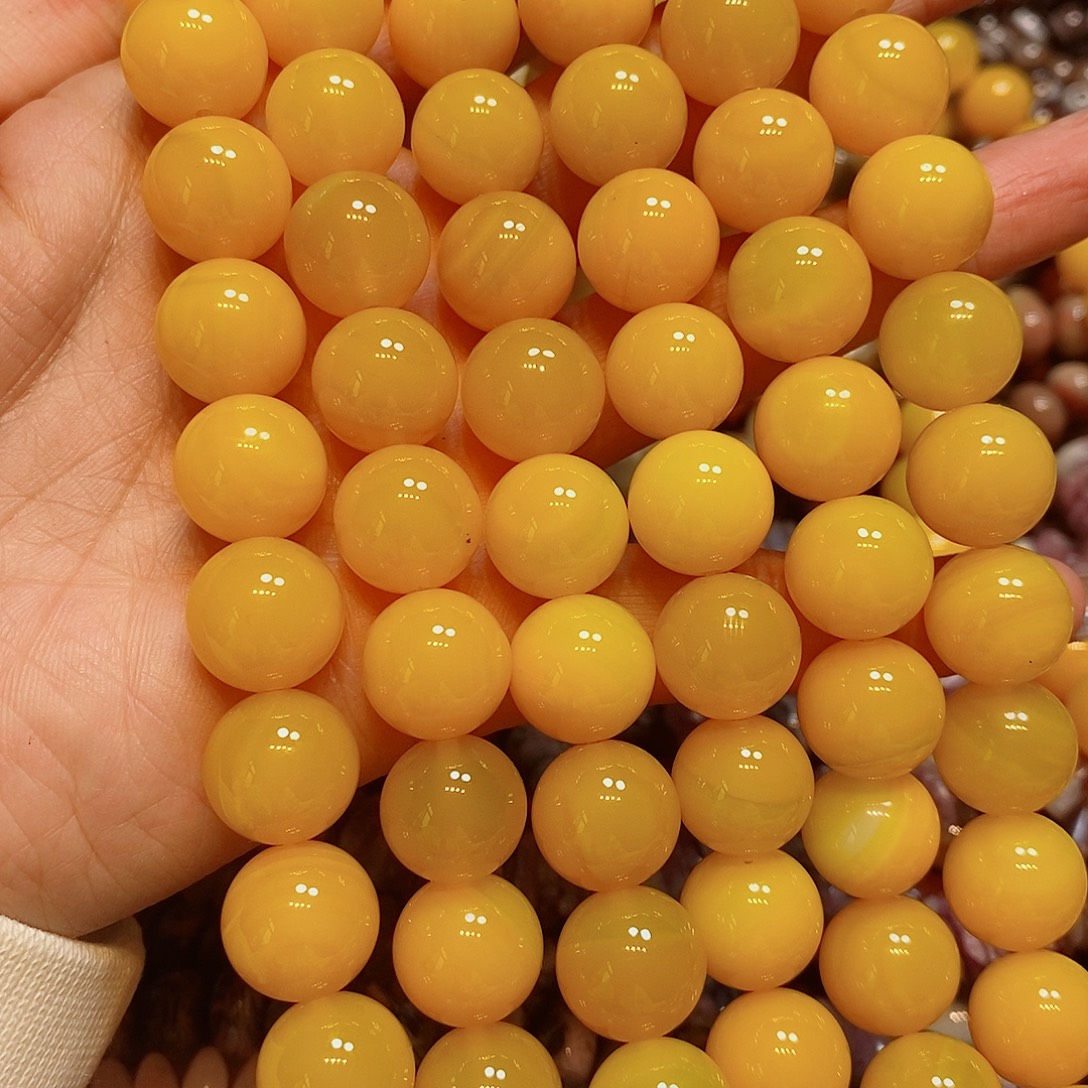 玛瑙/玉髓散珠实色玛瑙蜜蜡黄一条14mm
