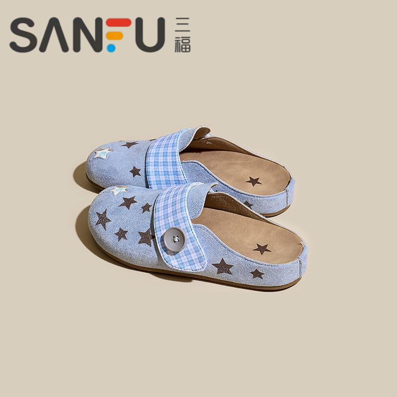 三福真皮勃肯鞋女款外穿秋季新款一脚蹬包头半拖鞋懒人无后跟单鞋