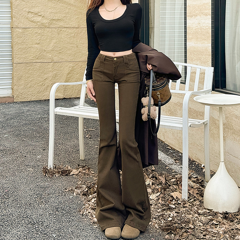 咖色低腰微喇叭辣妹牛仔裤女2025秋季新款显瘦显高修身设计感爆款