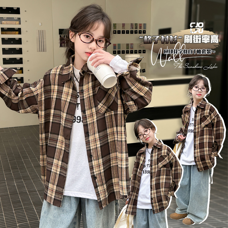 L876女童衬衫2025秋季新款复古艺术感格子衬衣女大童薄款长袖外套