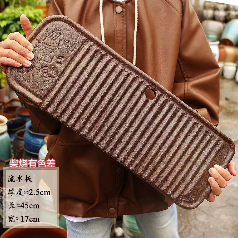 古法养鱼流水板鱼缸板造景中间有孔流水板鱼缸粗陶45*16流水板